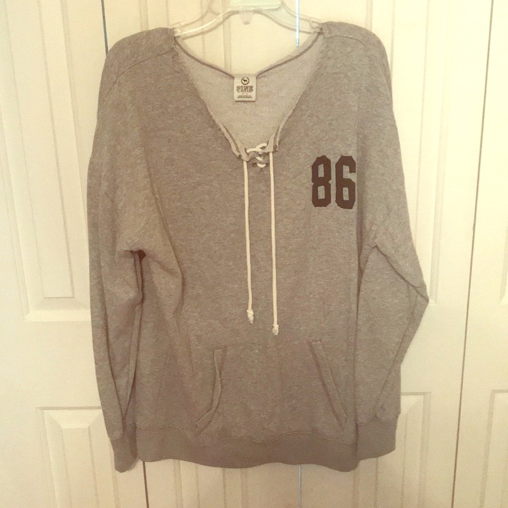 VS PINK GREY LACE UP SWEATSHIRT